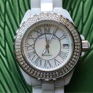 SWISS LEGEND Karamica Automatic Ceramic Wristwatch w/Pearl Dial & 118 Diamonds